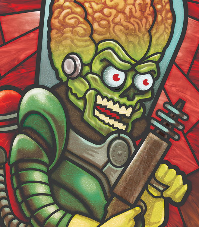 Heaven and Hell stained-glass illustration, panel 4 — Mars Attacks
