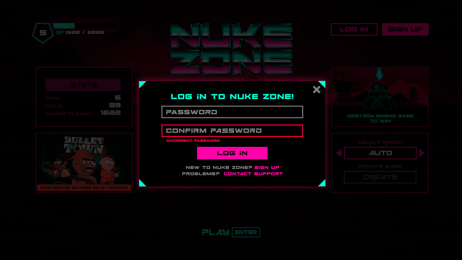 Nuke Zone web game login interface