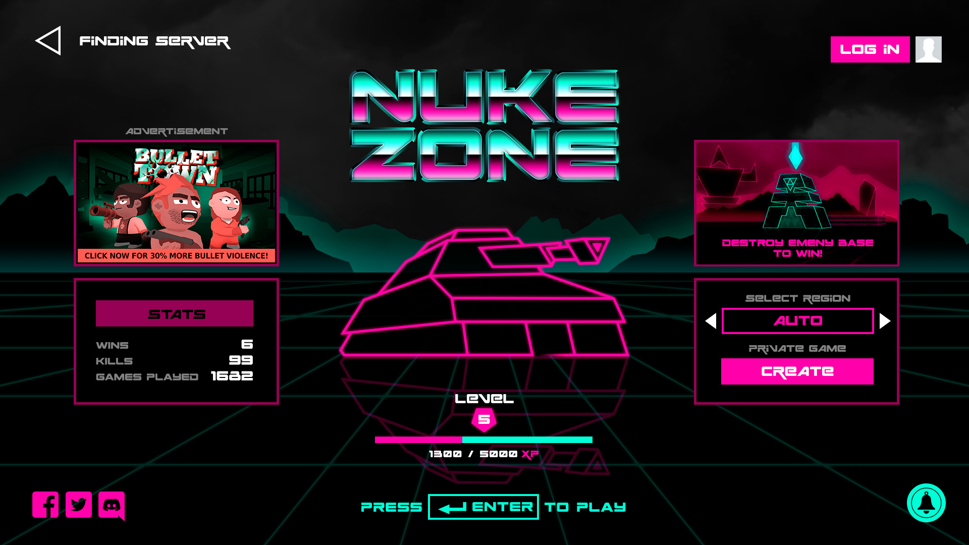 Nuke Zone web game level-up interface