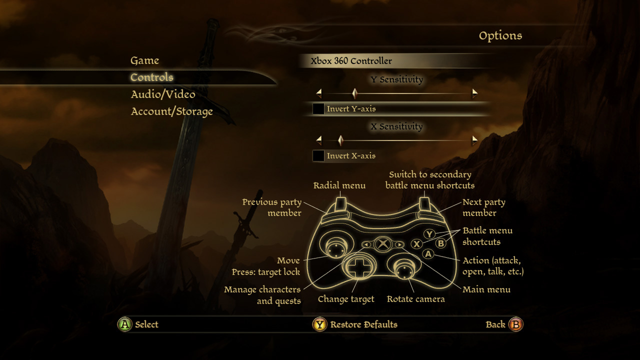 Dragon Age: Origins console controller settings