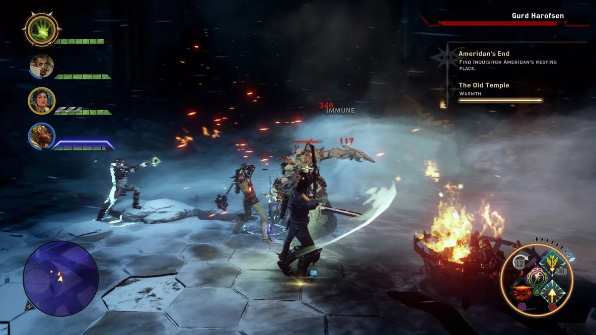 Dragon Age: Inquisition console combat HUD with party status, objectives, minimap, and abilities