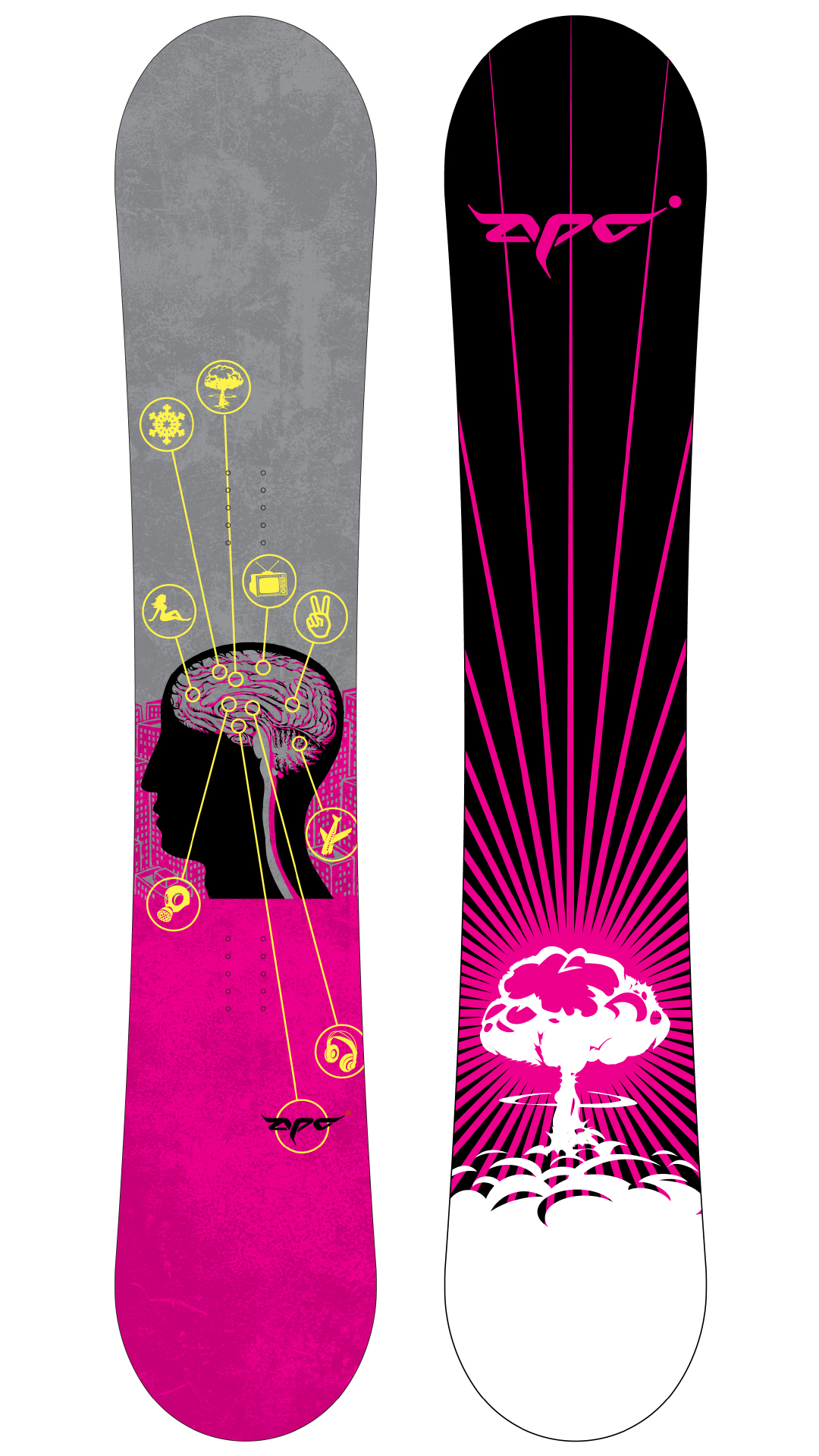 APO Apocalypse snowboard top and base with brain and callout artwork
